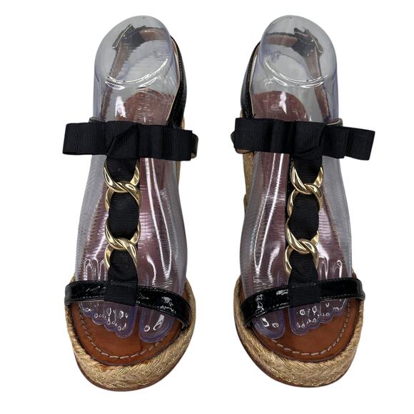 Kate Spade Espadrille Sandals Black 8 Bow Gold Chain - Picture 4 of 11